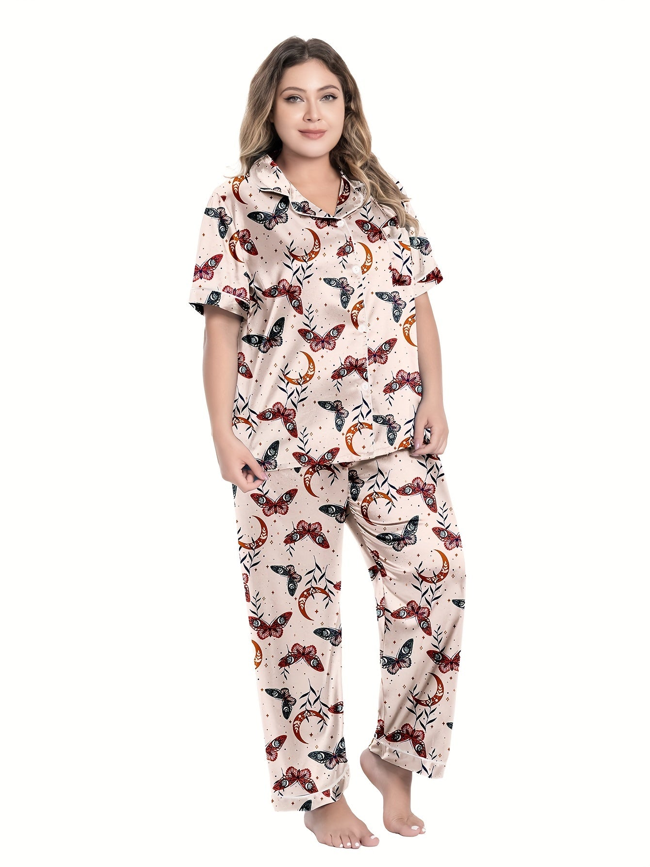 Retro Pajamas Set Women's Plus Butterfly & Moon Print Satin Shirt