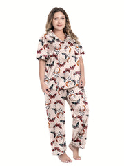 Retro Pajamas Set Women's Plus Butterfly & Moon Print Satin Shirt