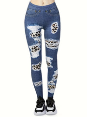 Ripped Denim Print Pants Casual Slim Length Pants Women's Clothing