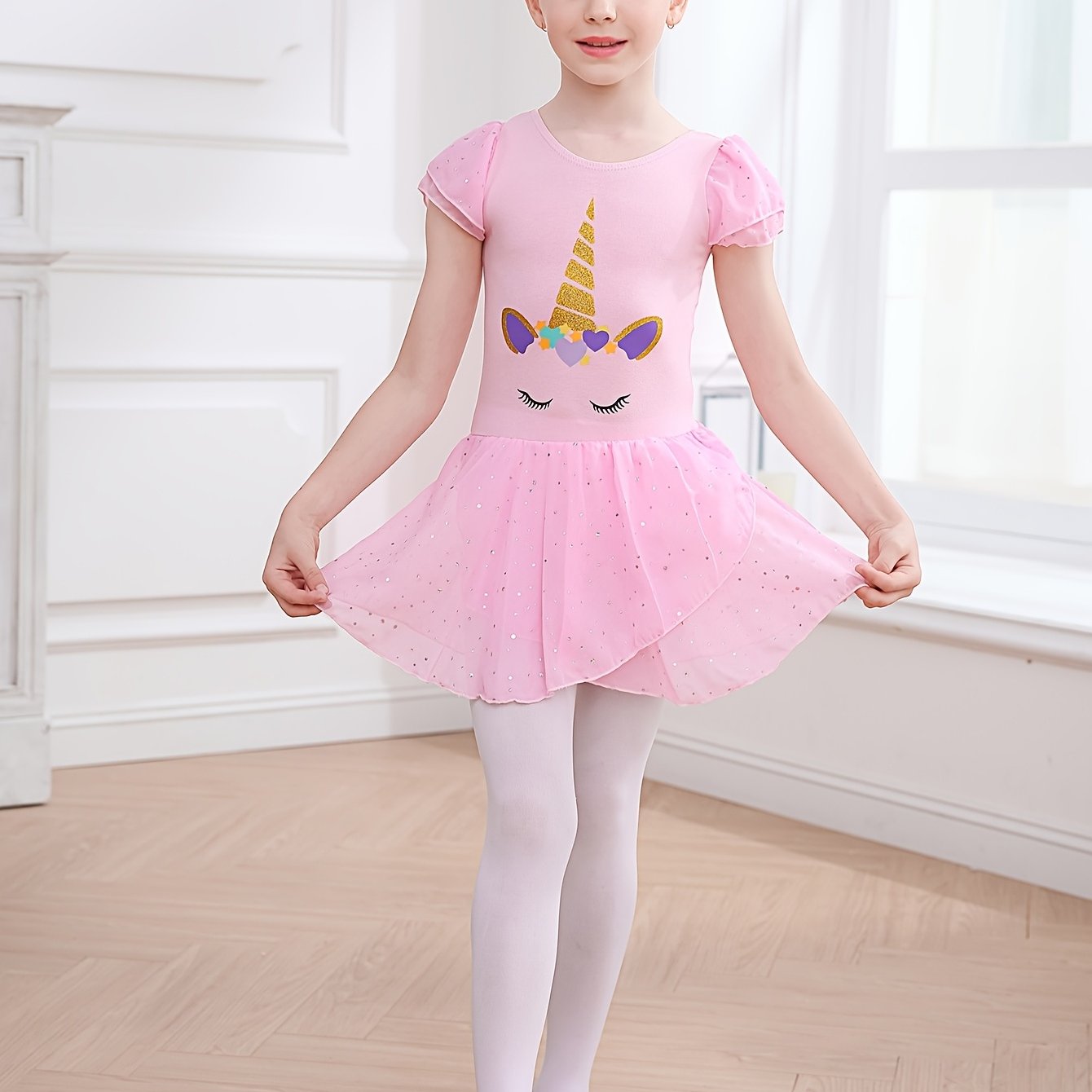 Unicorn Print Cap Sleeve Ballet Dress for Toddler Girls