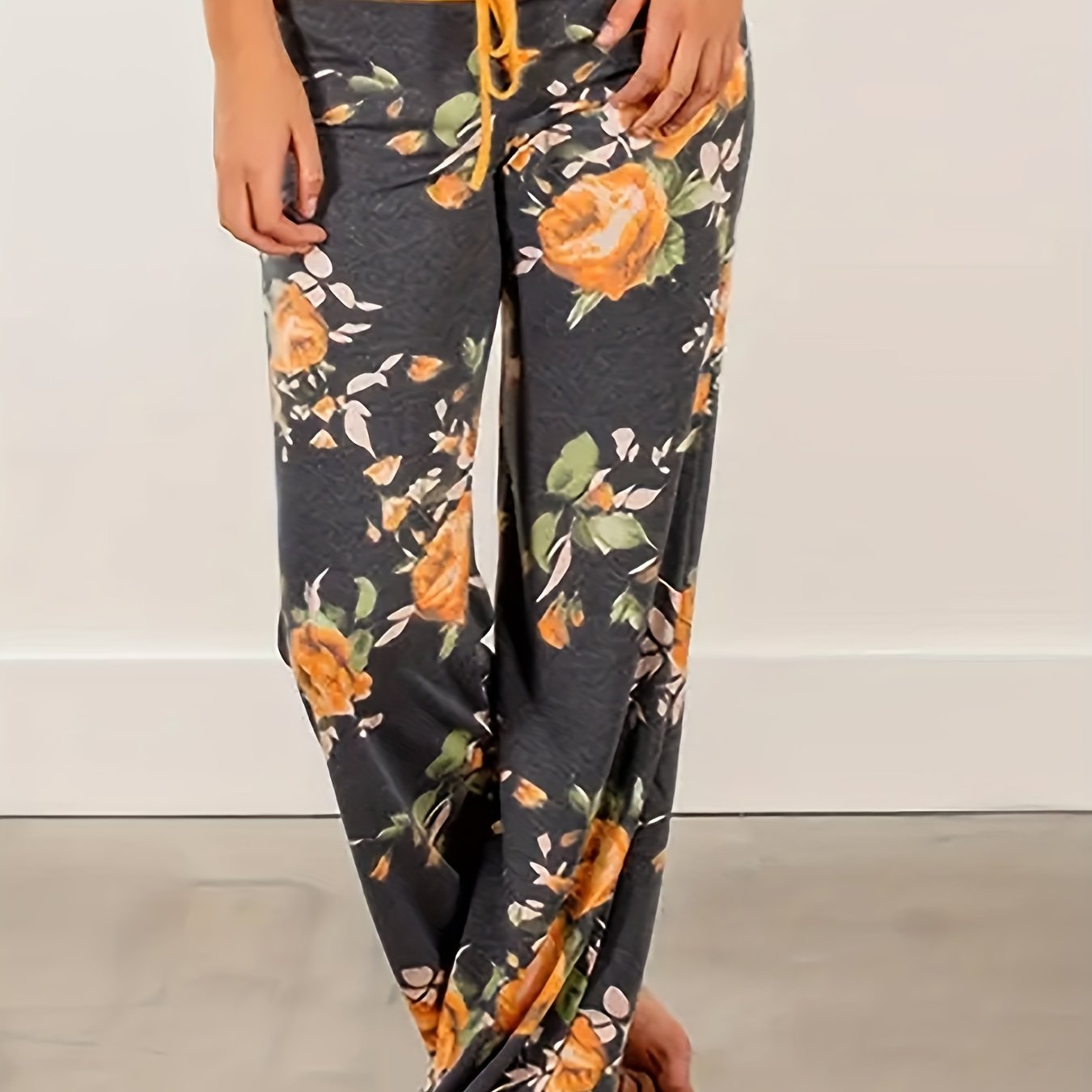 Vintage Floral Print Casual Drawstring Waist Long Pants