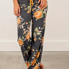 Vintage Floral Print Casual Drawstring Waist Long Pants