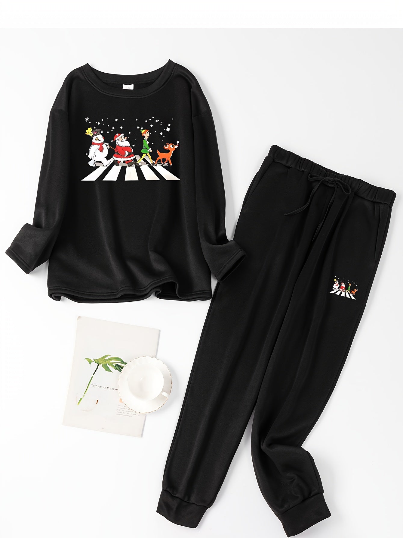 Christmas Lounge Set Cartoon Figure Print Fleece Top & Joggers Pajamas