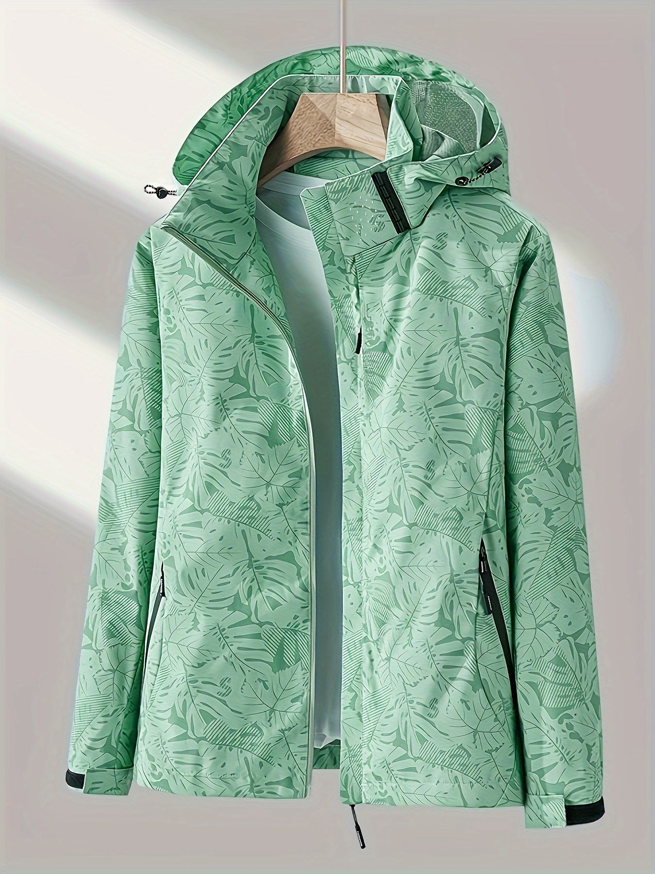 Leaf Print Outdoor Jacket With Removable Hood Women's Windproof