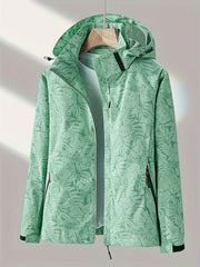 Leaf Print Outdoor Jacket With Removable Hood Women's Windproof