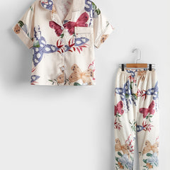 Beige Butterfly Flowers Lapel Short Sleeved Pants Casual Home Wear Set
