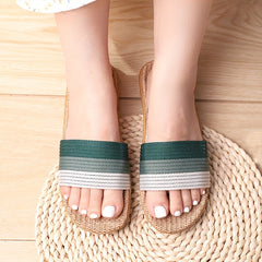 Women's Colorblock Flat Linen Slides Casual Open Toe Shoes