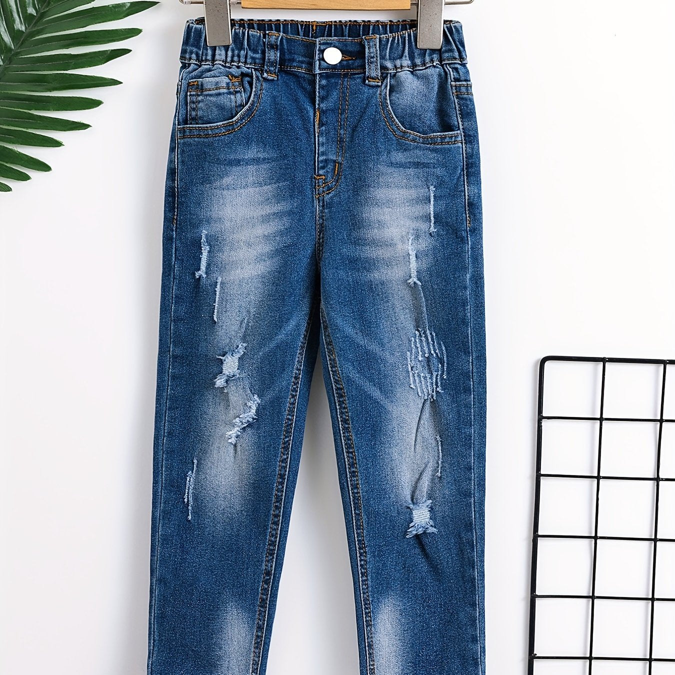 Boys Elastic Waist Ripped Jeans Denim Pants