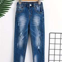 Boys Elastic Waist Ripped Jeans Denim Pants