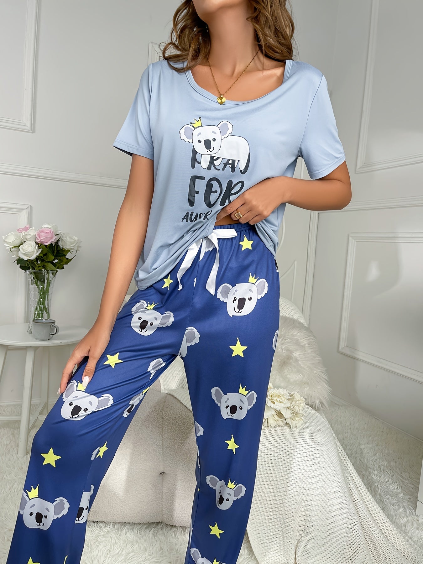 Koala Print Pajama Set Short Sleeve Top & Pants