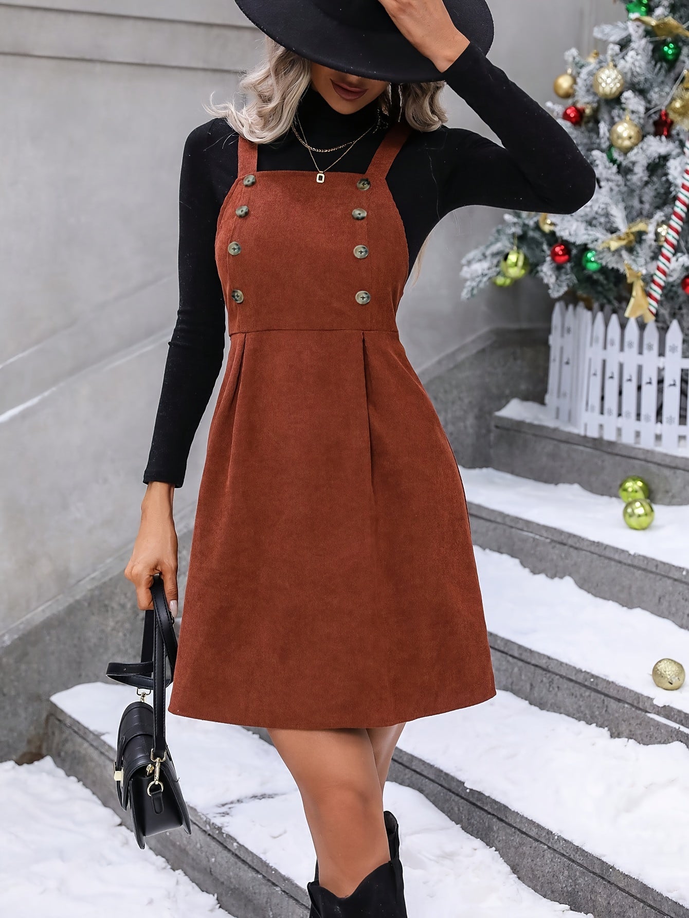 Solid Button Decor Overall Dress Mini Neck Overall