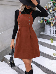 Solid Button Decor Overall Dress Mini Neck Overall