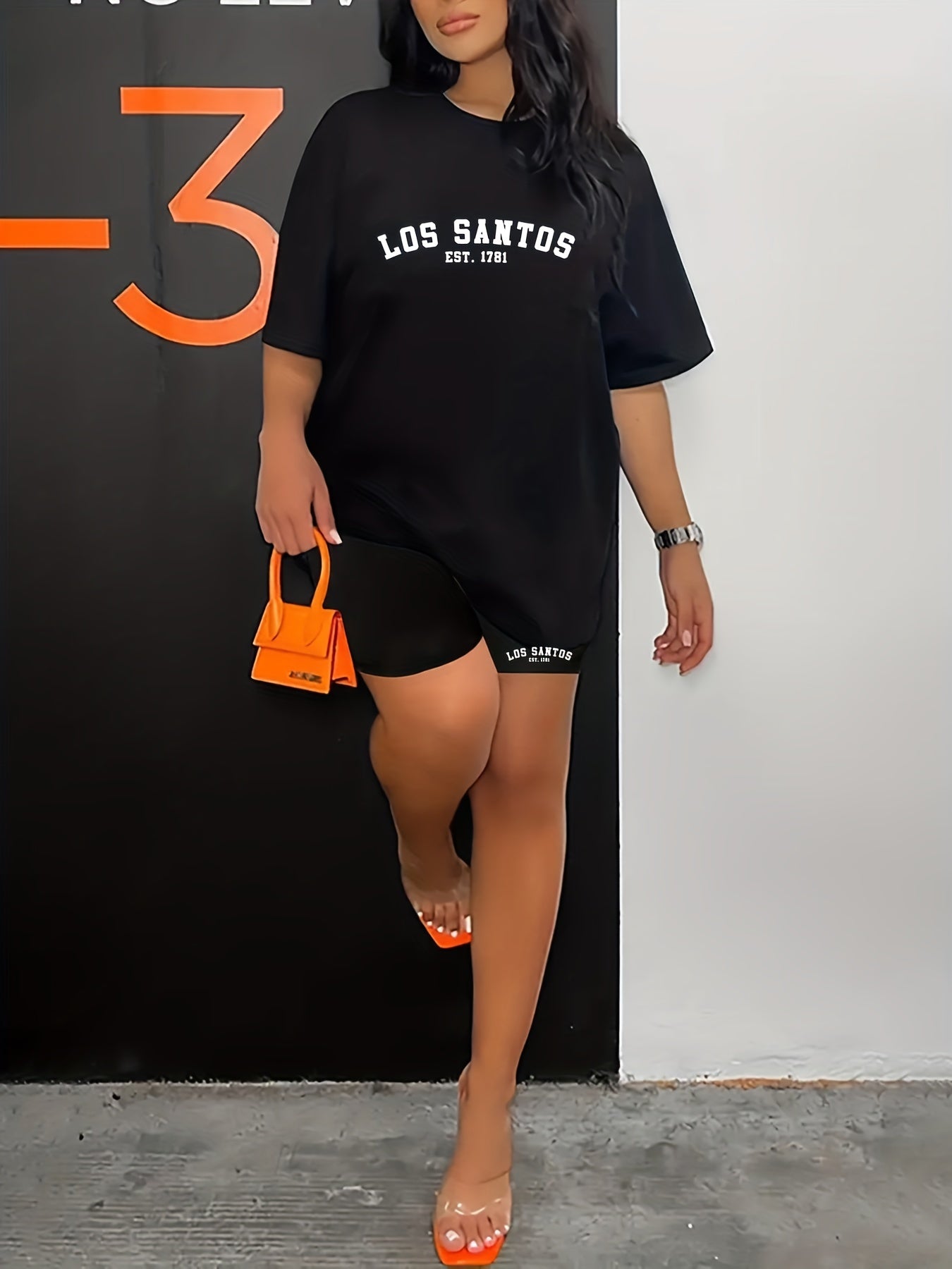 Casual Two piece Set Crew Neck T shirt & Biker Shorts Women's Clothing