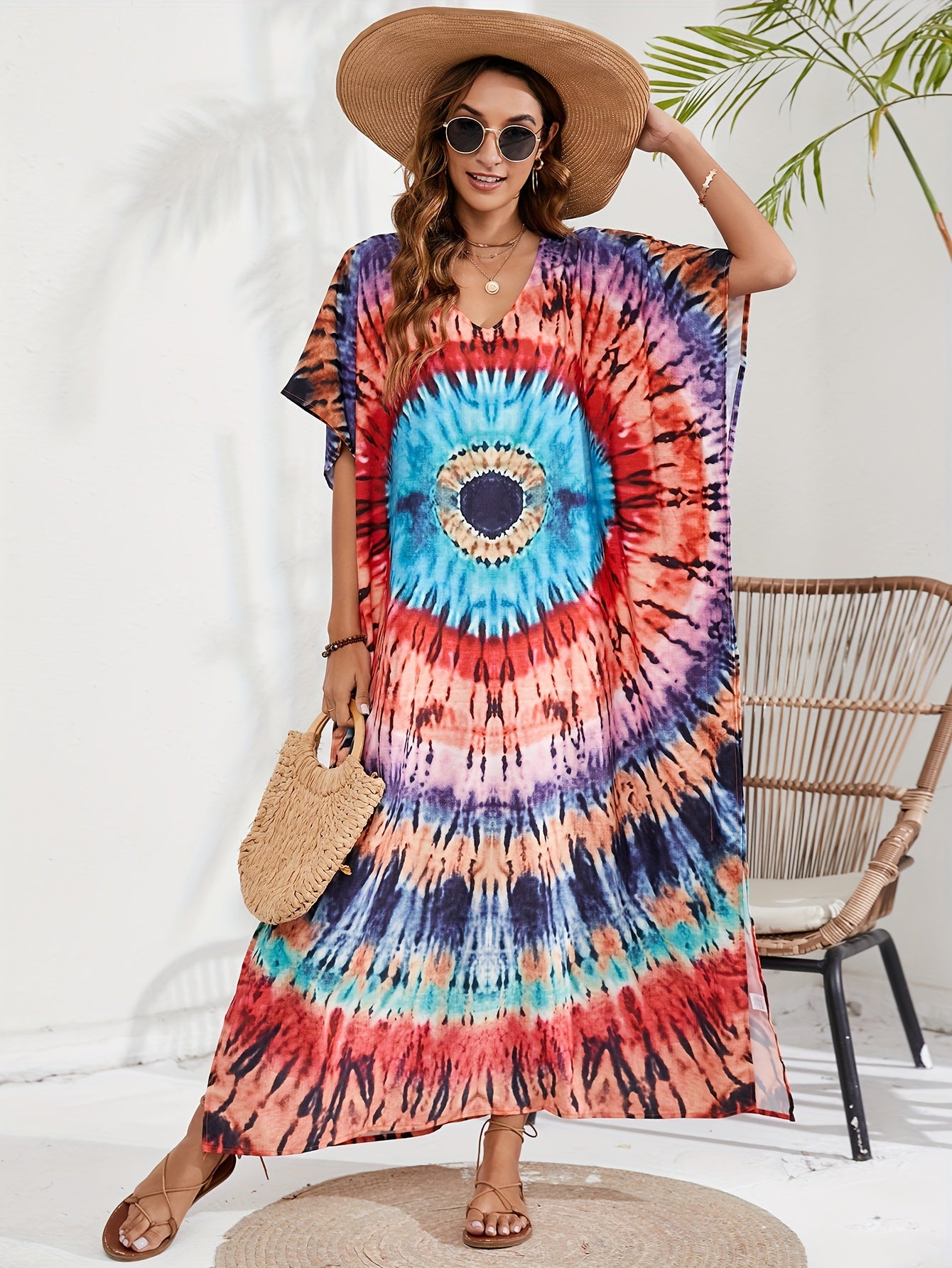 Boho Cover Up Plus Size Spiral Tie Dye Maxi Beach Dress