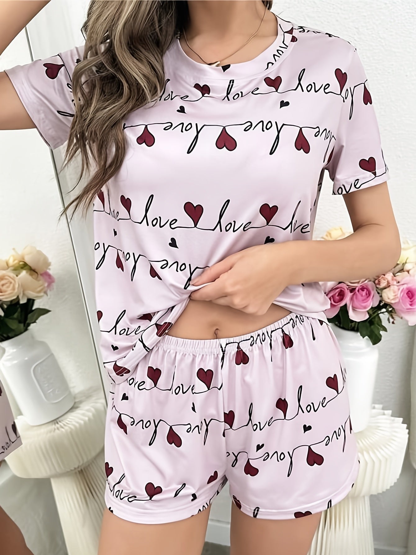 Heart Print Pajama Set Short Sleeve Top & Shorts Women's Sleepwear