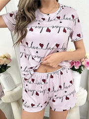 Heart Print Pajama Set Short Sleeve Top & Shorts Women's Sleepwear