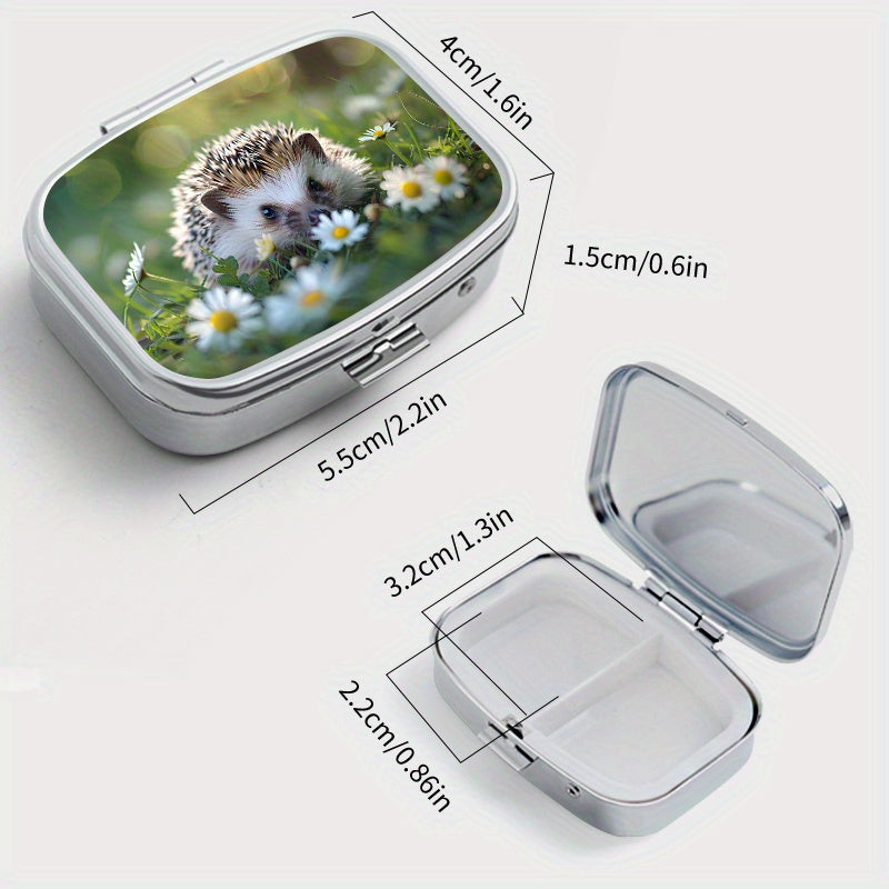Sunshine Hedgehog Printed Square Pill Box Two Compartment Mini Portable Pill Box