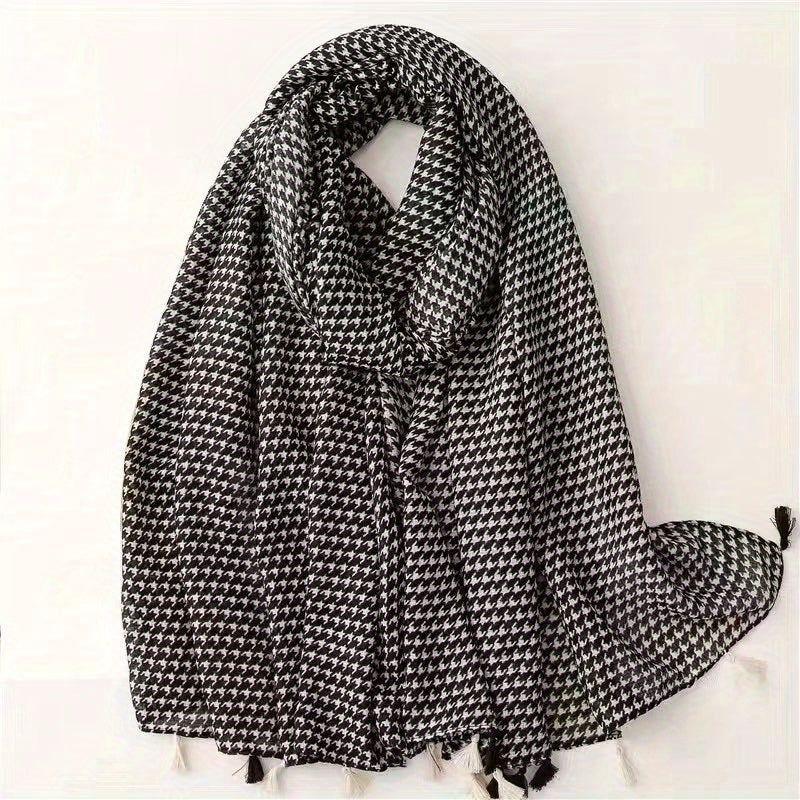 Leopard Print Tassel Scarf Gradient Houndstooth Pattern Shawl