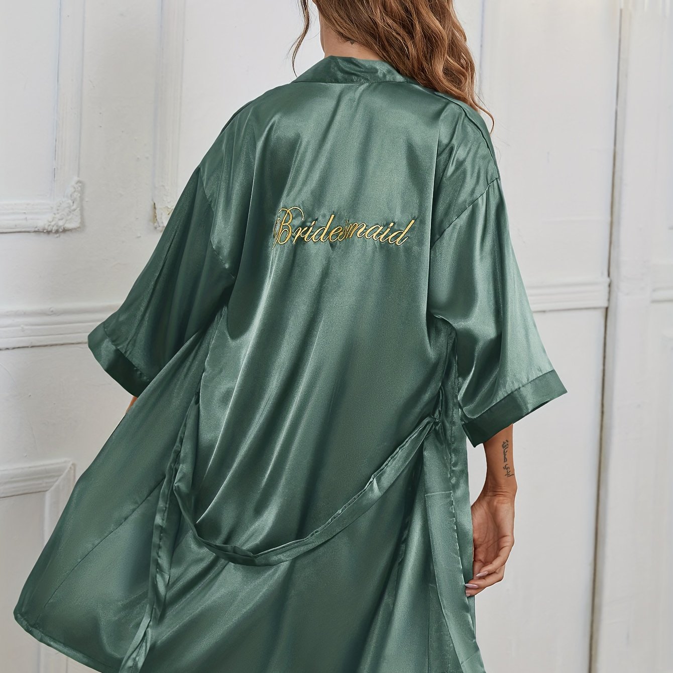 Letter Embroidery Night Robe Short Sleeve V Neck Robe Women's Sleepwear
