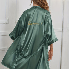 Letter Embroidery Night Robe Short Sleeve V Neck Robe Women's Sleepwear