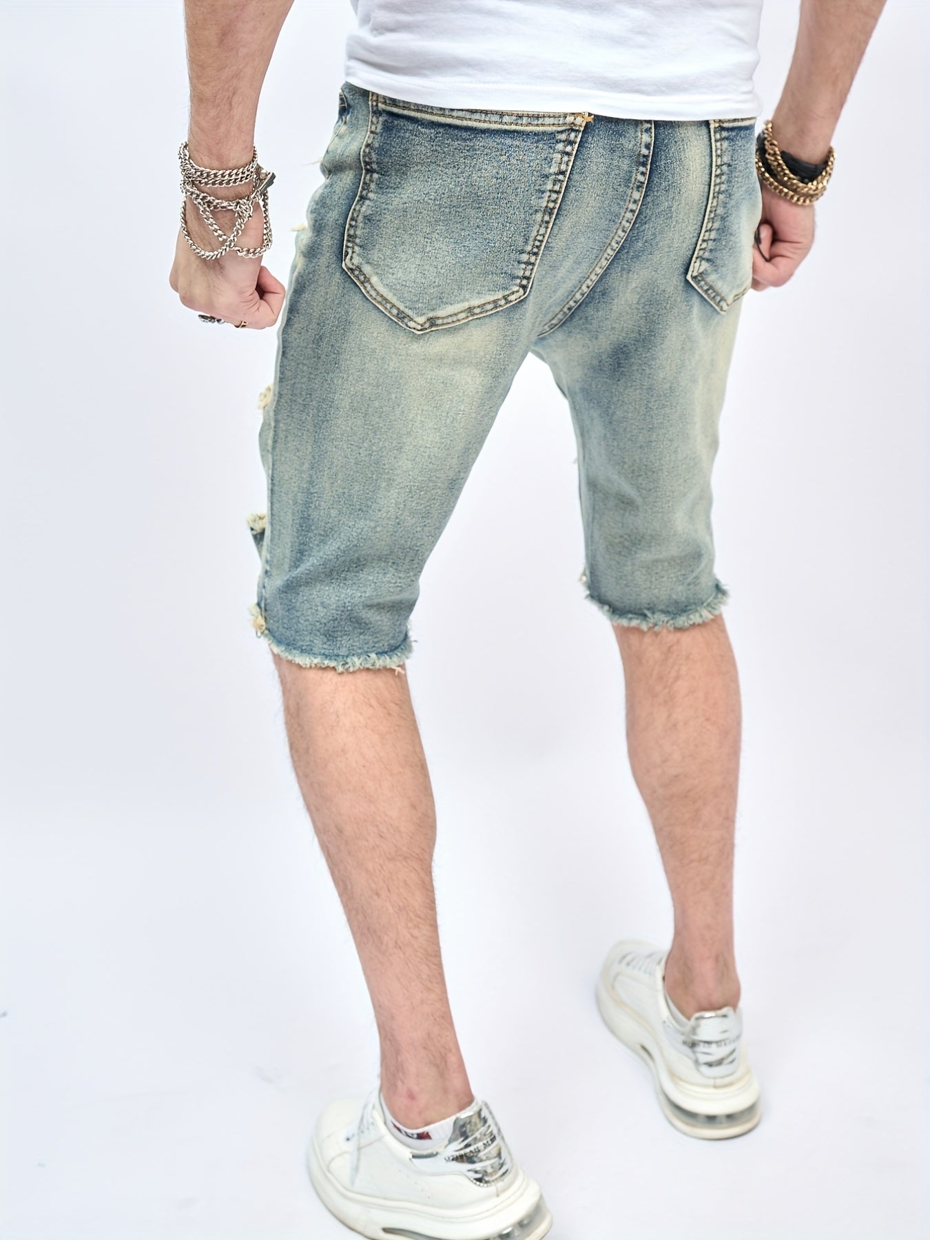 Vintage Ripped Denim Shorts Men's Casual Street Style Mid Stretch Denim Shorts