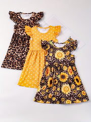 Toddler Girls Ruffled Sleeves Polka Dot Leopard Sunflower Princess Dress