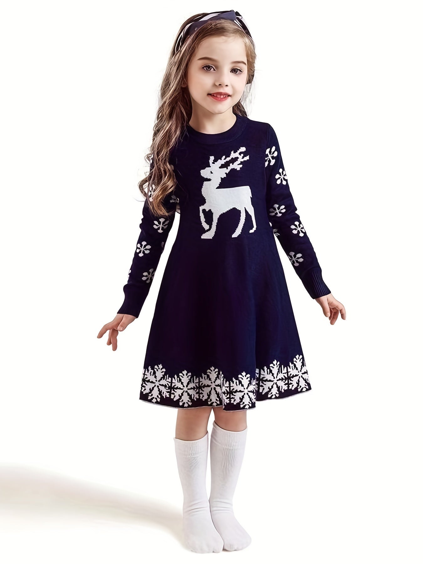 Christmas Deer Jacquard Knitted Dress Long Sleeve Sweater