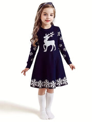 Christmas Deer Jacquard Knitted Dress Long Sleeve Sweater