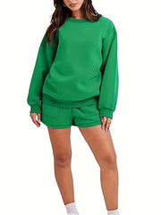 Solid Long Sleeve Top & Shorts Set Women's Casual 2 Piece