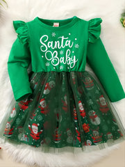 Baby Girls Mesh Dress Long Sleeve Bow Floral Embroidered Princess Dress