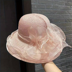 Mesh Flower Decor Sun Hat Organza Ruffles Derby Hat