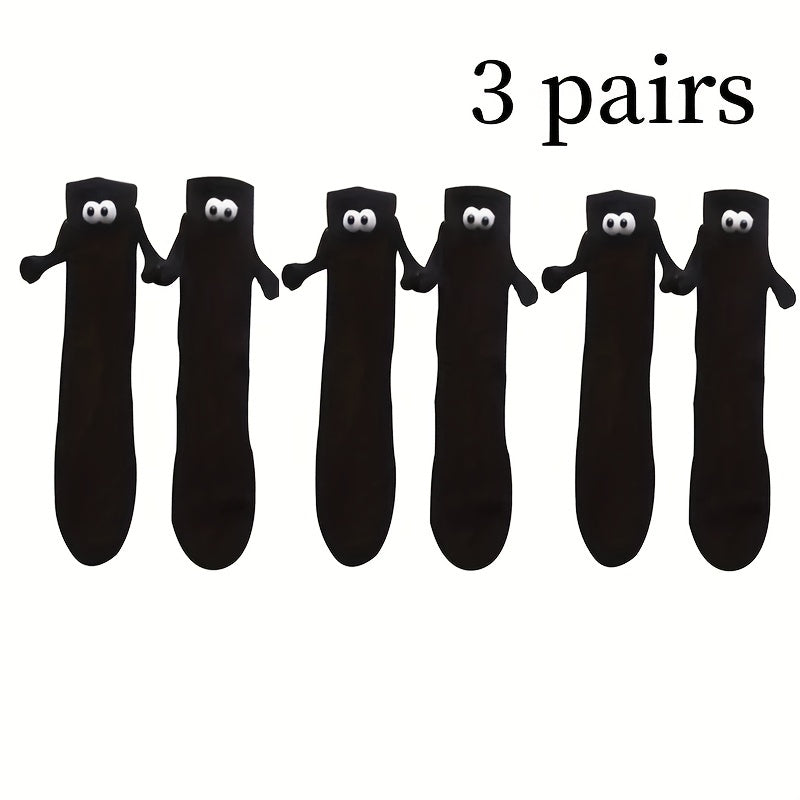 3 Pairs Creative Sweat-absorbing Mid-calf Socks with 3D Magnetic Dolls