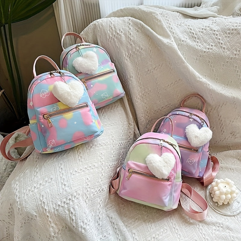 Kids Colorful Backpack w/Plush Love Charm Cute Nylon Gift