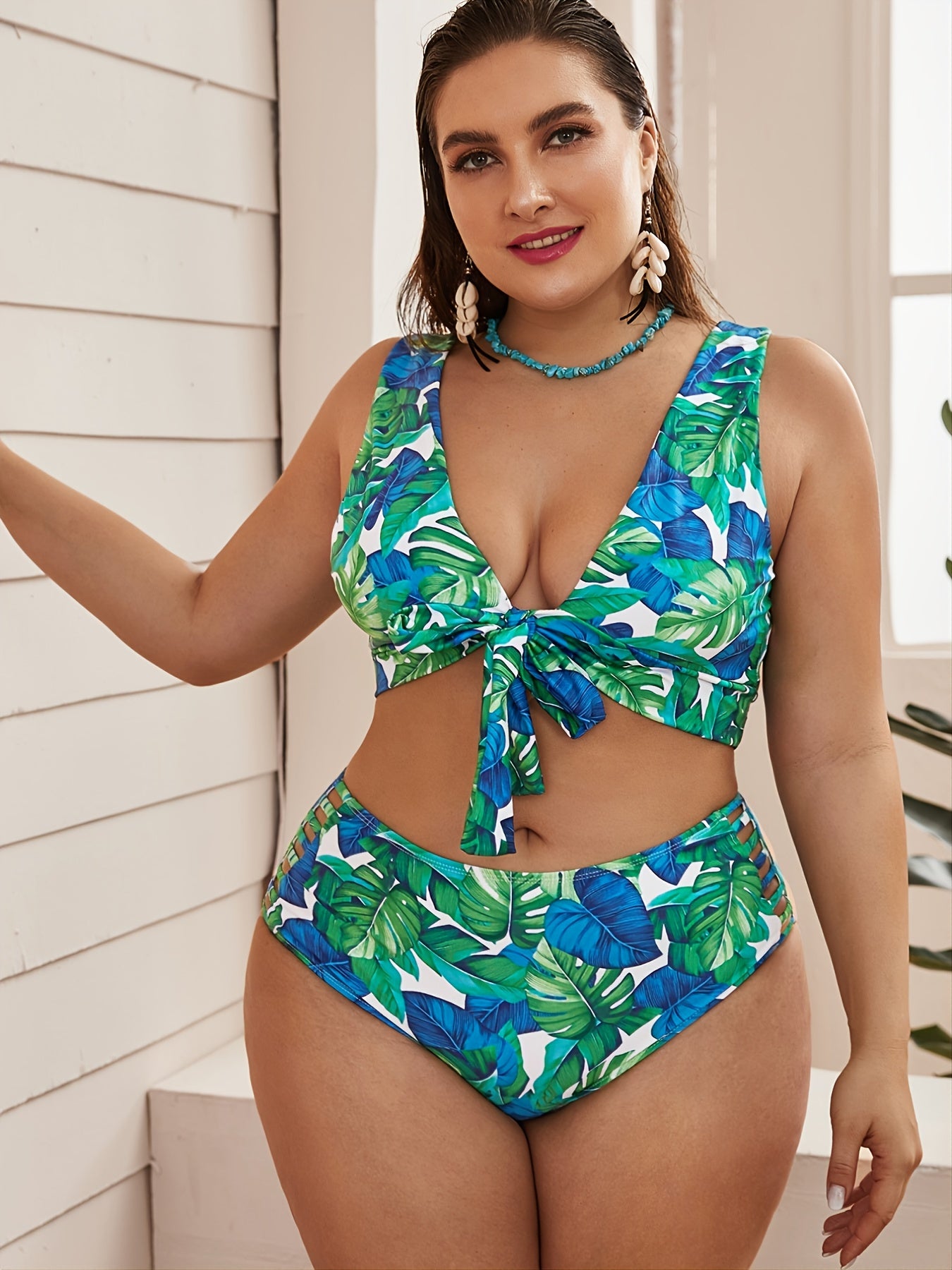 Floral Halter Neck Knot Front Bikini Set Women's Plus Size Two Piece Swimsuit