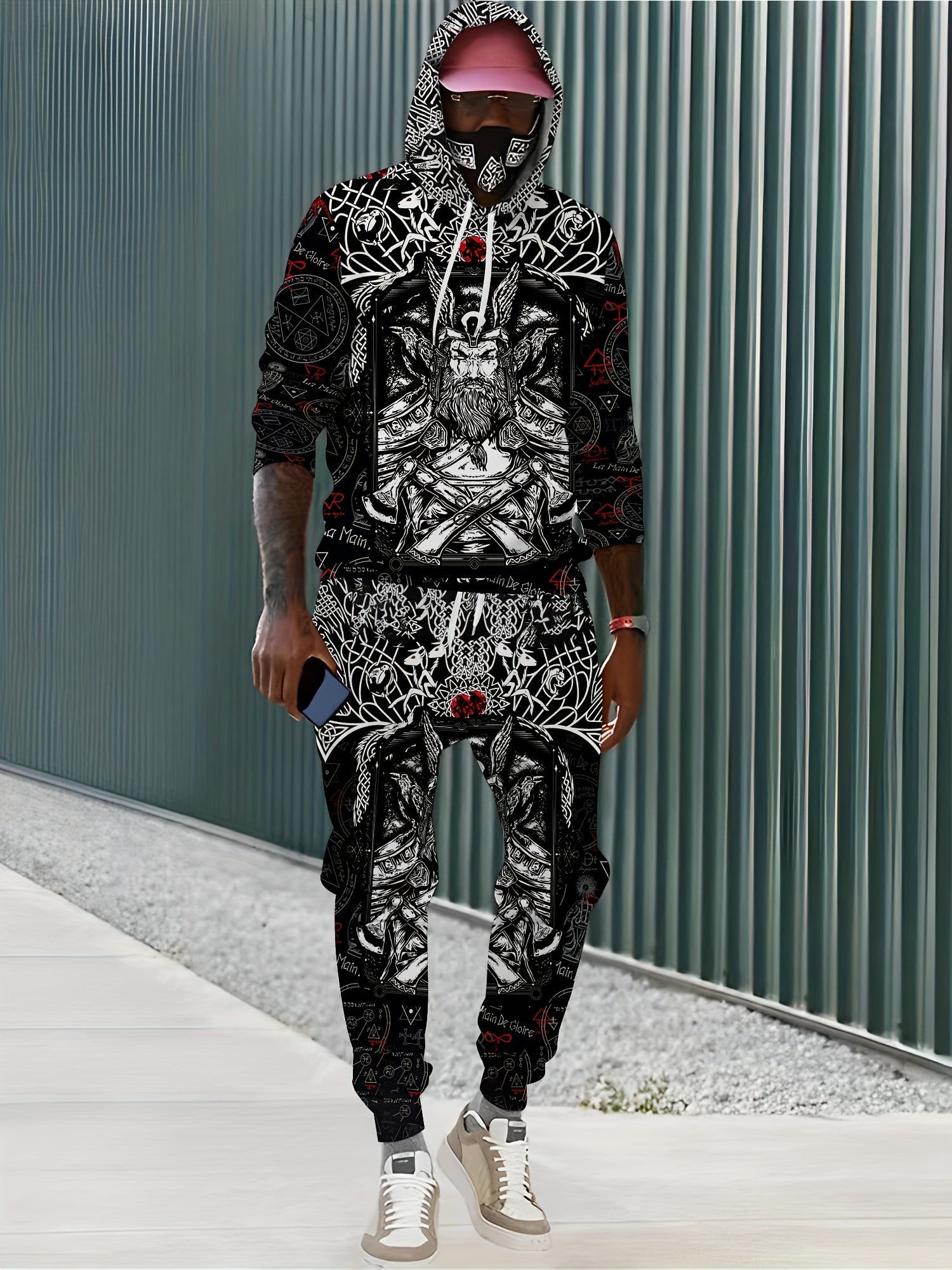 Men's All Over Print Hoodie & Sweatpants Set for Autumn Winter