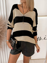 Women's Striped V-Neck Pullover Sweater