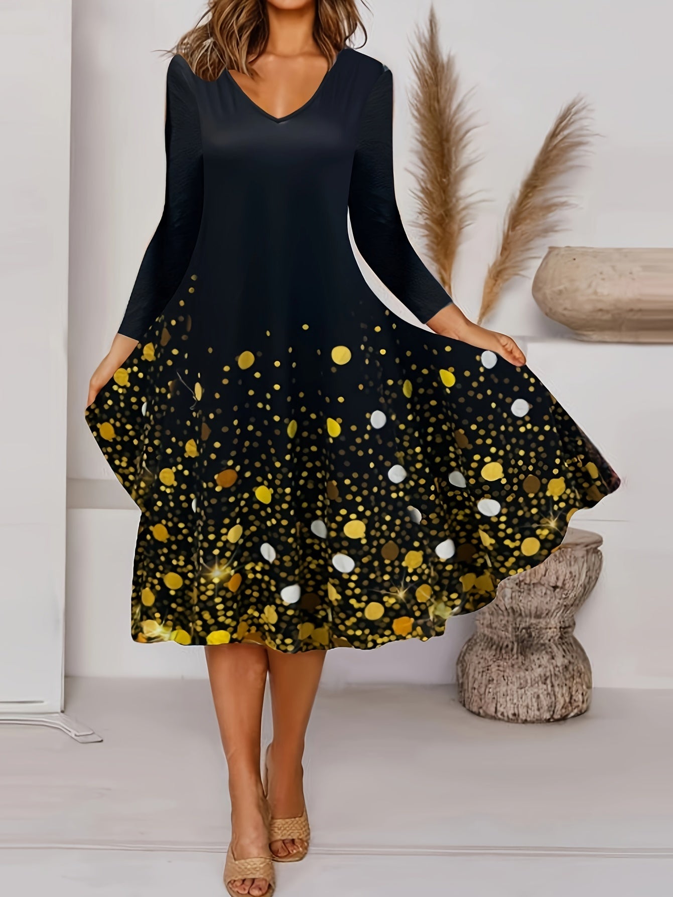 Women's Plus Glitter Sequin Print Long Sleeve V Neck Tee Dress