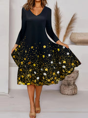 Women's Plus Glitter Sequin Print Long Sleeve V Neck Tee Dress