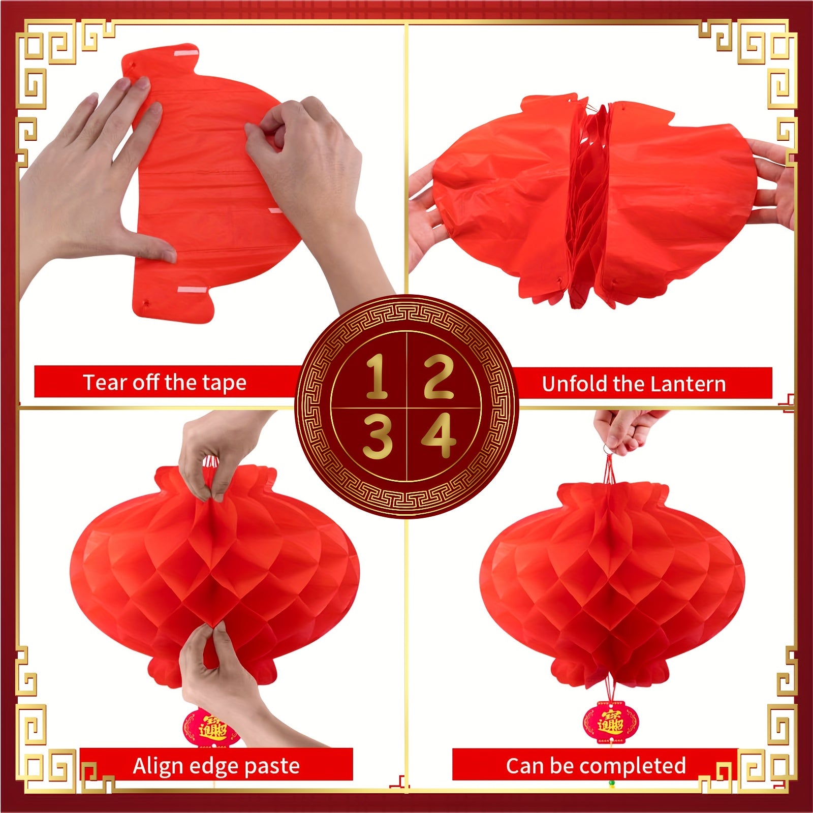 3 Red Paper Lanterns Connected Decorations