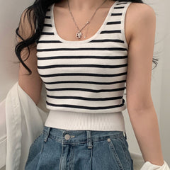 Striped Knitted Tank Top Sleeveless Casual Sweater Women's Clothing