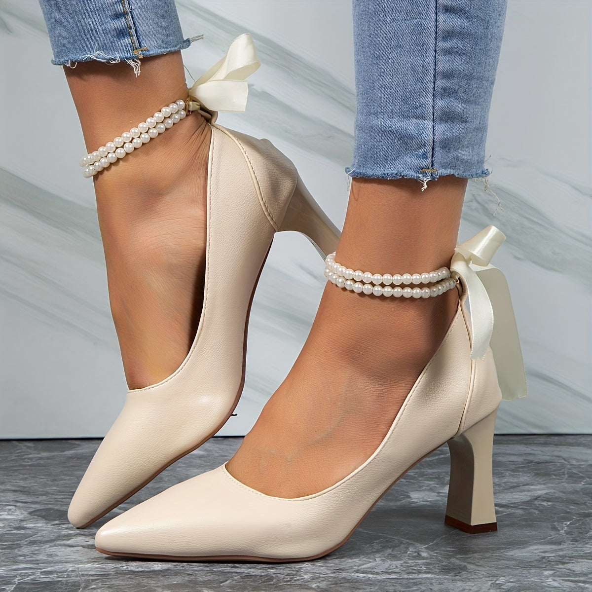 Pearl Chain Block Heel Dress Pumps with Bowknot