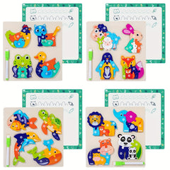 Wooden Animal Puzzle Toy with Reusable Drawing Board Educational Play