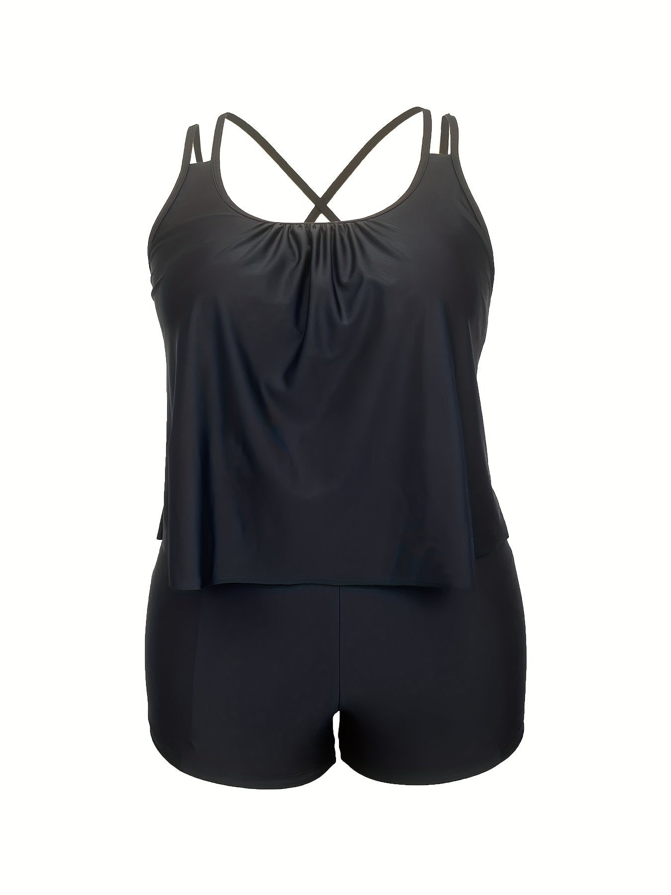 Solid Criss Cross Tank Top & Shorts Swimsuit Set