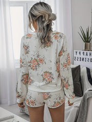 Floral Print Lounge Set Crew Neck Top & Lace Up Shorts