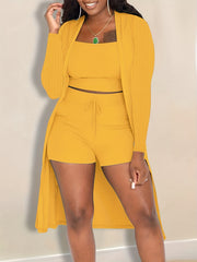 Casual 3 Piece Set Open Front Cardigan Cami Top Drawstring Shorts