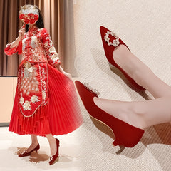 Red Faux Pearl Low Heels Pointed Toe Slip On Kitten Heels