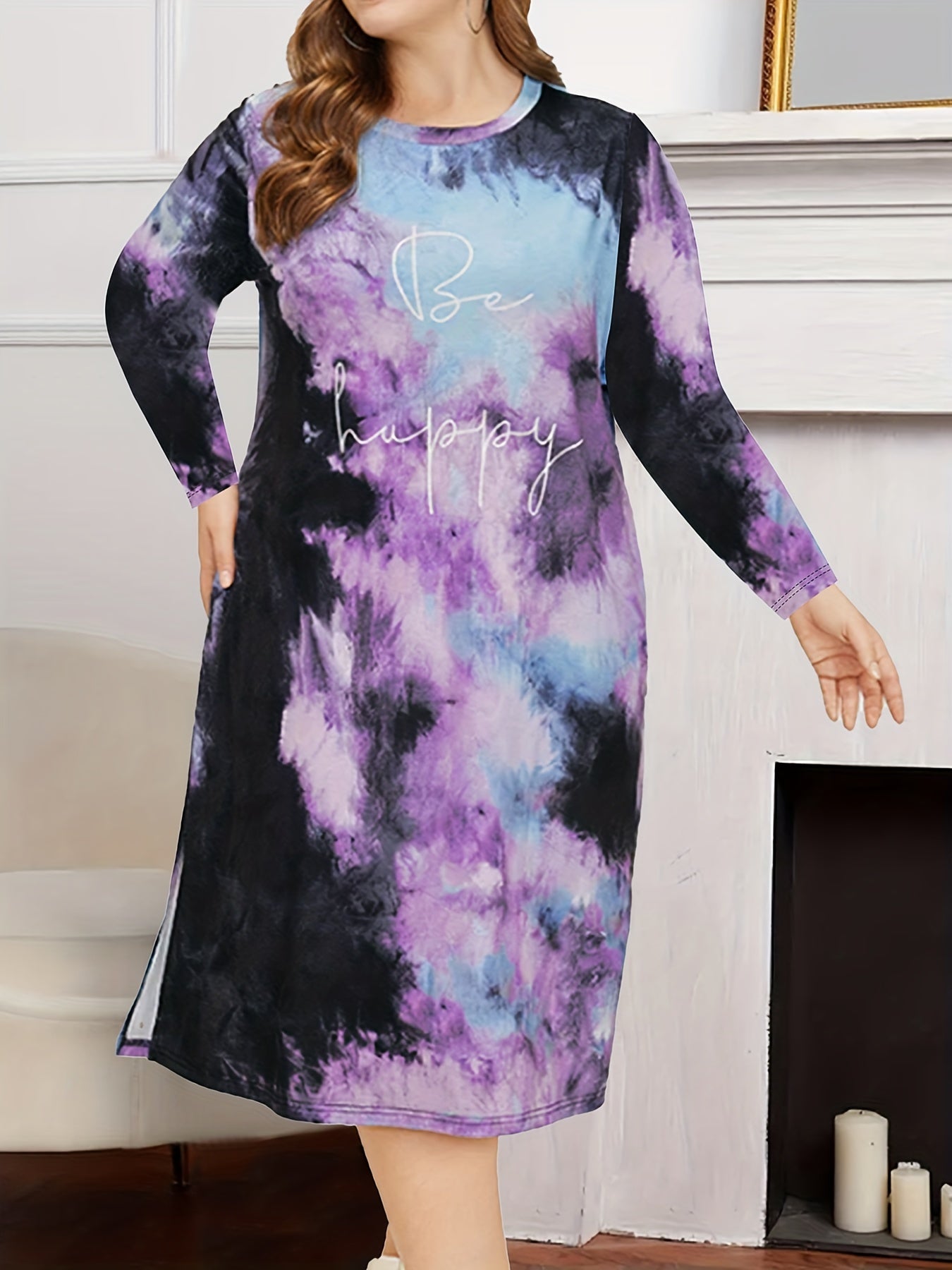 Tie Dye & Slogan Print Long Sleeve Nightdress