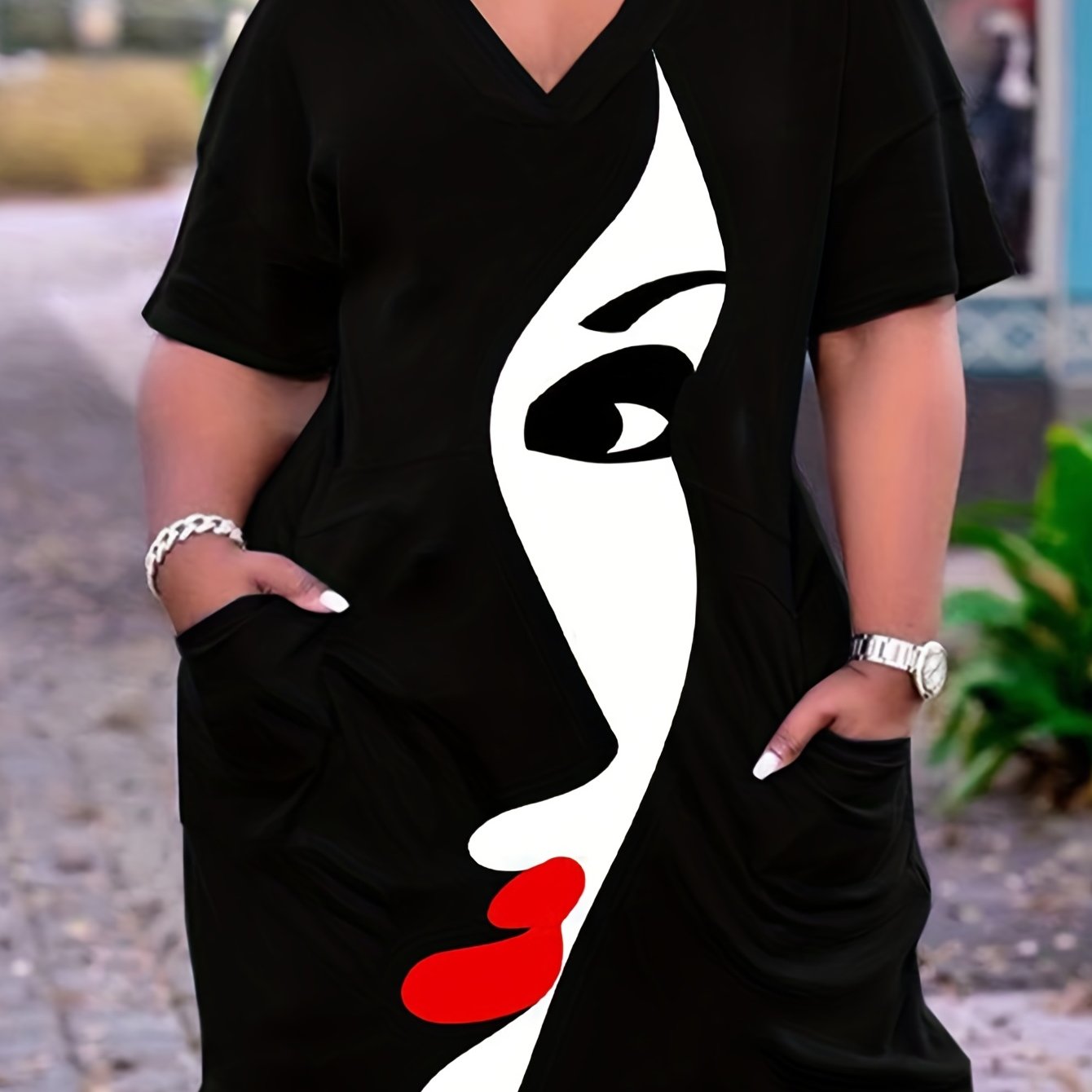 Colorblock Abstract Figure Print V Neck Stretch Dress