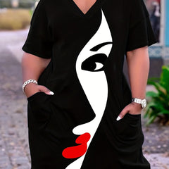 Colorblock Abstract Figure Print V Neck Stretch Dress