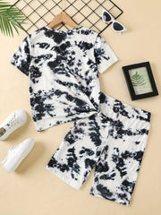 2pcs Toddler Girls Tie Dye Leopard Graphic T Shirts & Shorts Set